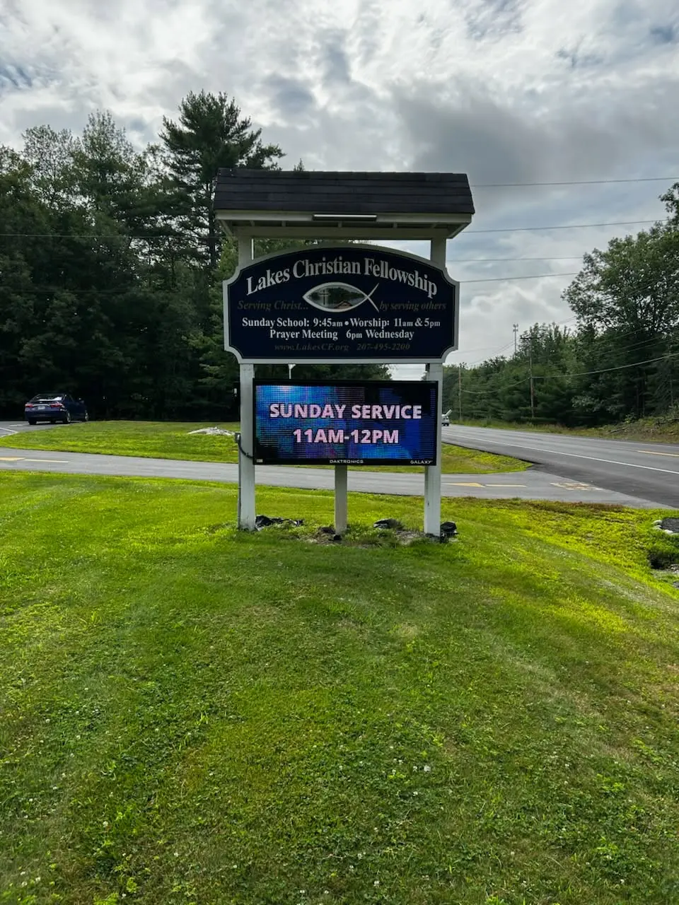 The Lakes Christian Fellowship sign on Augusta Road in Belgrade, Maine